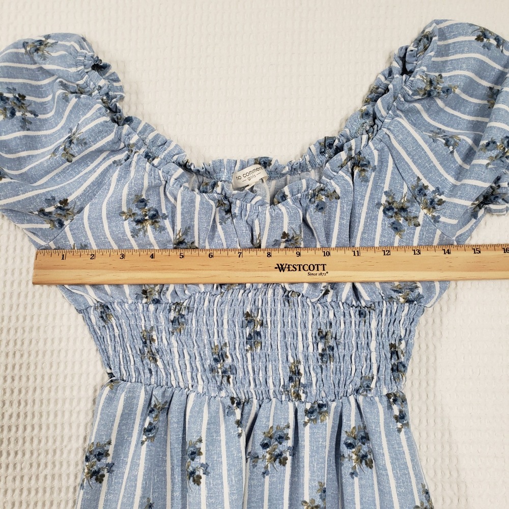 No Comment Floral Striped Dress Girls 14 Blue Smocked Puff Sleeve Cottagecore - Picture 4 of 13